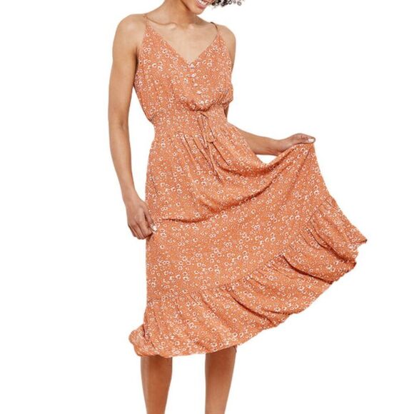 Lulus Women's Floral Print Tiered Midi Dress Dusty Orange White Size Medium NWT - Picture 1 of 12